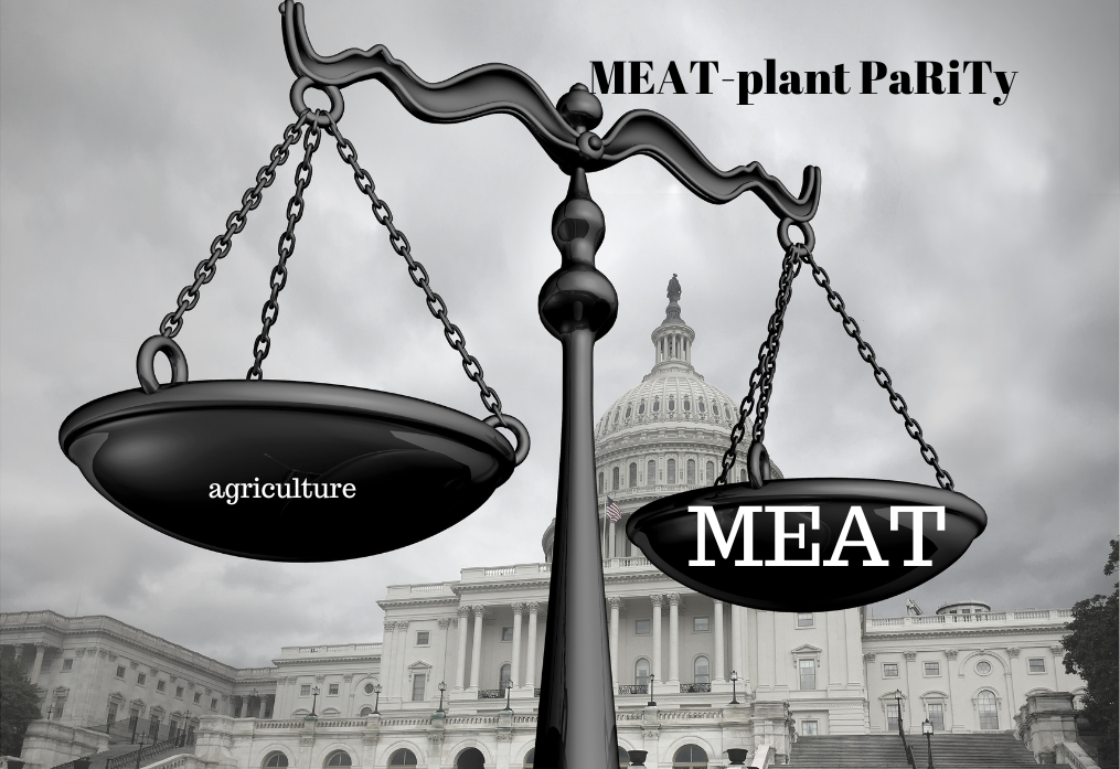 An image showing scales tilted heavily towards meat, representing the imbalance in meat-plant parity and its environmental impact.