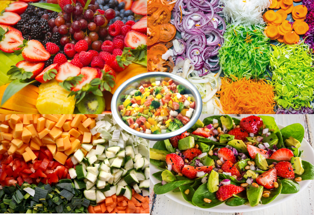 A variety of different foods are arranged in a collage.