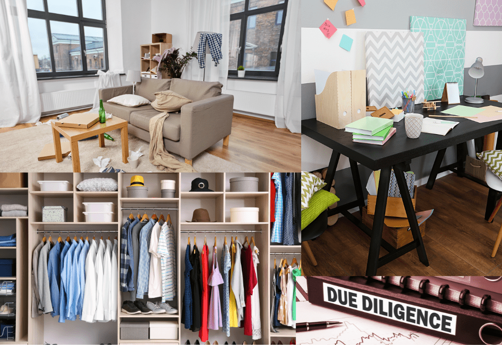 A collage of different pictures with furniture and clothes.