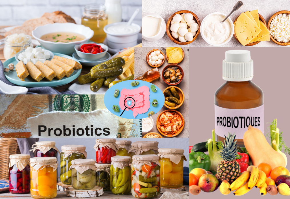 A collage of different foods and drinks with probiotics.